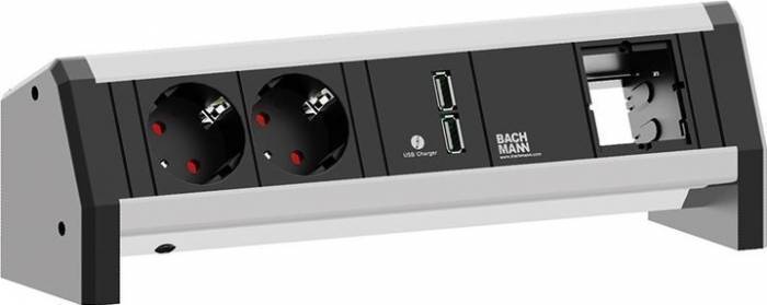 Bachmann 902.428 Desk 2 Gehäuse mit 2x Strom, USB Charger 2-fach,1 x leer, inox